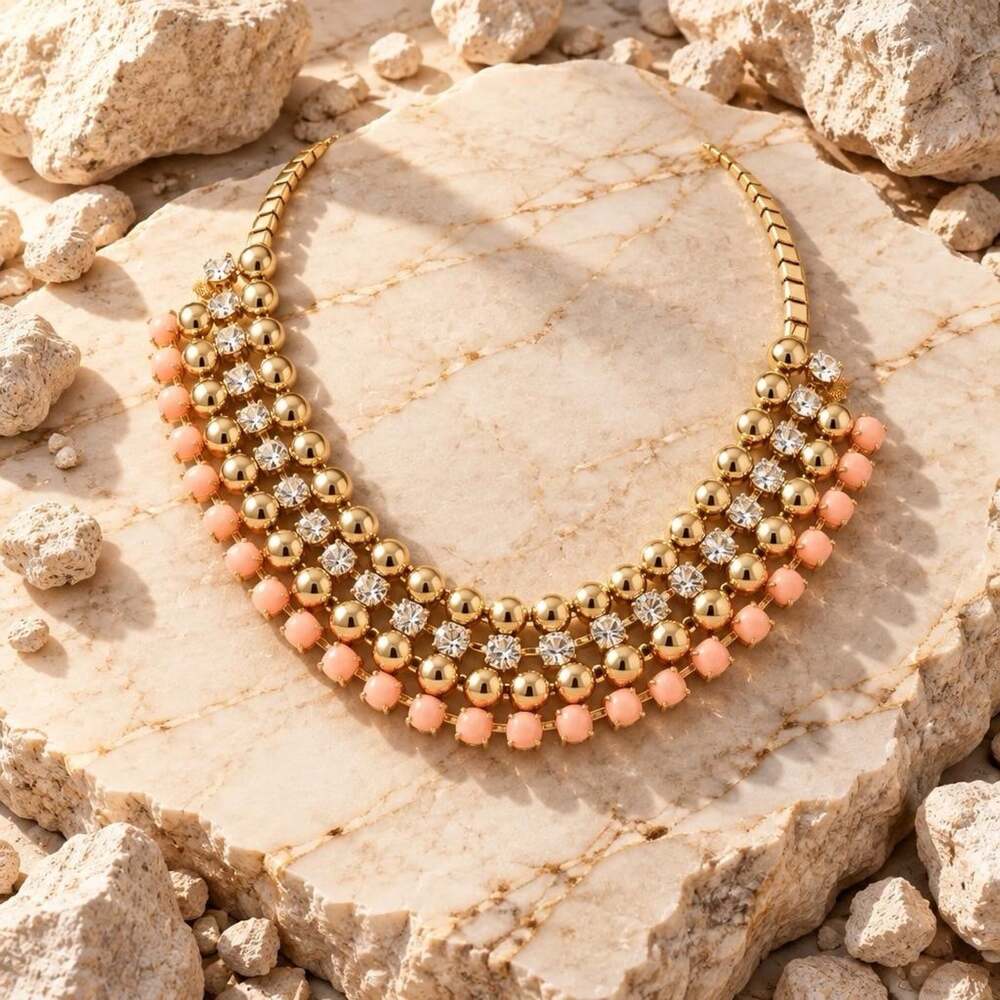 Gold Tone MultiStrand Bib Necklace with Peach Stones and Diamond Fashion Jewelry